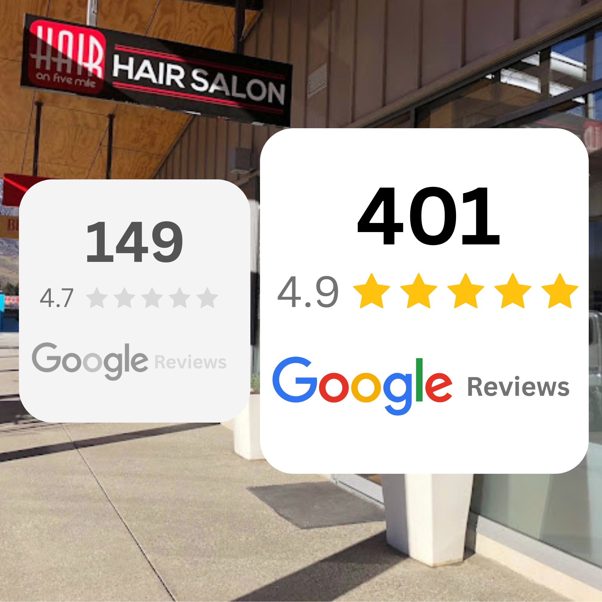 Hair on Five Mile Queenstown Google reviews growing from 149 to 401 with Review Catch